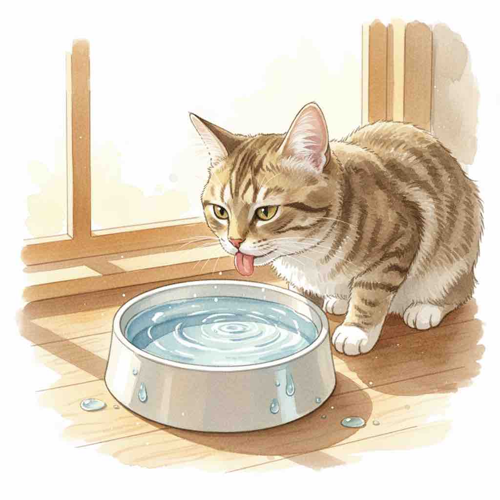 一隻虎斑貓正在喝水，強調老年寵物水分補充的重要性